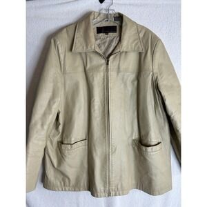 Phase Two Mens 2XL Beige Leather Jacket Full Zip Quilted Lined Cream Outerwear